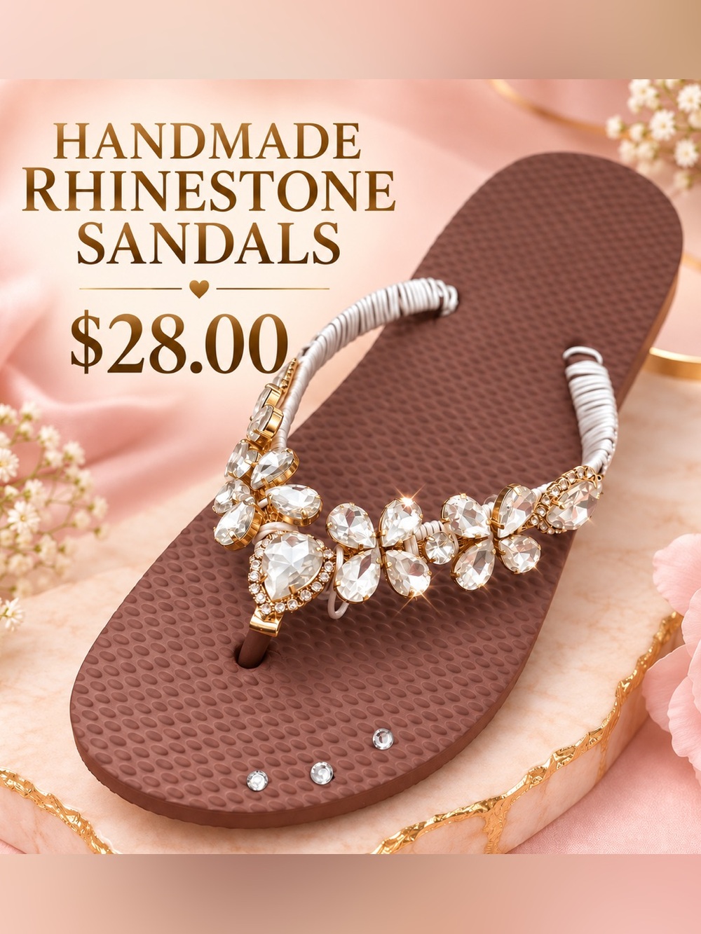 🩷. S-46.  Handmade Rhinestone Brown Flip Flop Sandals with Crystal Accents